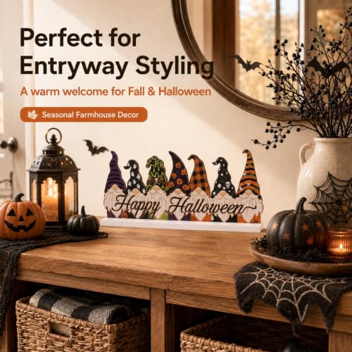 Reversible Fall & Halloween Gnome Sign - Wooden Table Centerpiece with Orange & Purple Variations