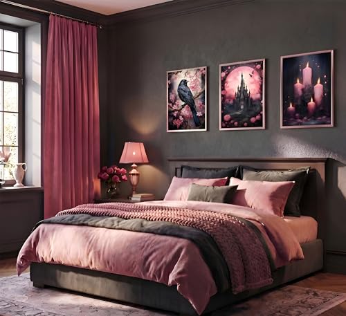Pink Raven Castle Halloween Wall Art Canvas - 24x16 Unframed - Romantic Gothic Decor