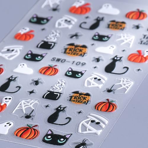 Halloween Nail Stickers 4 Sheets 5D Embossed Decals Spider Web Pumpkin Ghost Mummy Colorful-7