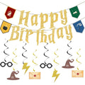 Gold Wizard Birthday Party Decorations Set - Magic Banner & Hanging Swirls
