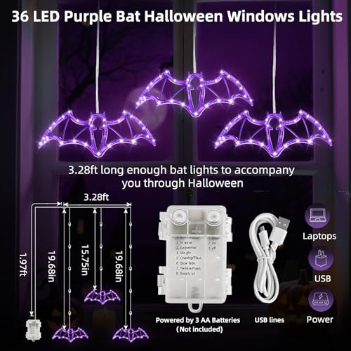 Halloween Hanging Window Lights - Purple Bat LED String Lights, 36 LEDs, USB & Battery Powered, with 6-Hour Timer - Variation: Purple / 36LED