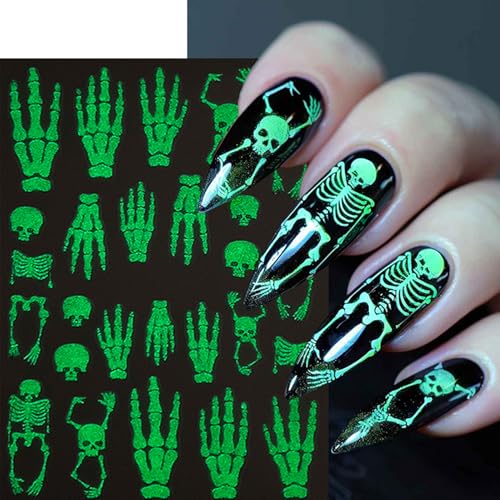 Halloween Glow in The Dark Nail Stickers - 3D Skeleton & Spider Web Decals - Self-Adhesive Nail Art, 4 Sheets - Variation of This Listing