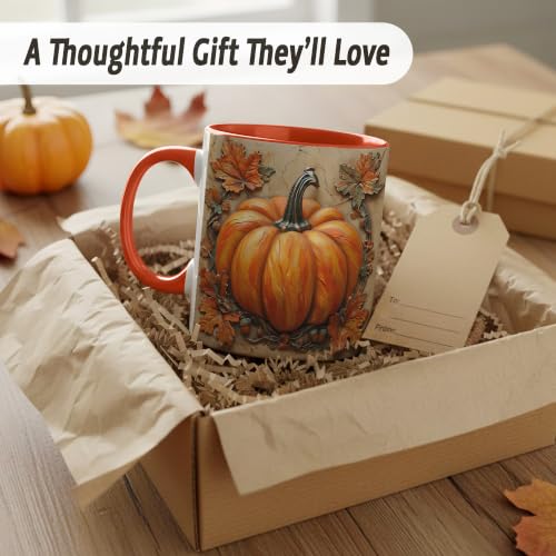 Autumn Leaves Pumpkin Coffee Mug - Rustic Fall Harvest Mug with Orange Rim