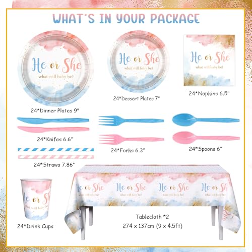 Pink Gender Reveal Paper Plates Napkins Party Set Serves 24 - AIBIIN
