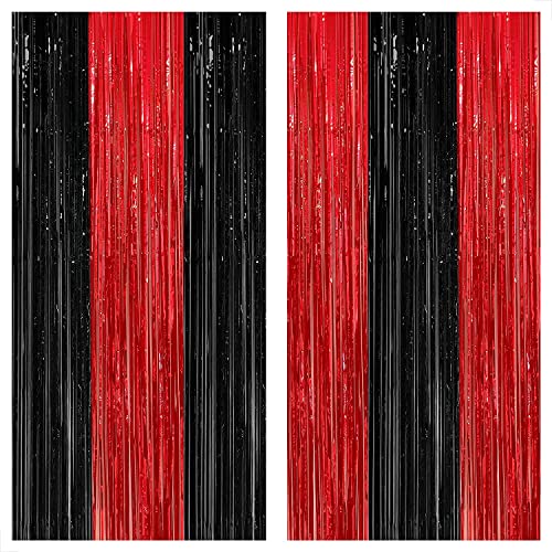 Large Black and Red Foil Fringe Curtain Set - 8x3.2 Feet, Pack of 4 for Party Decor