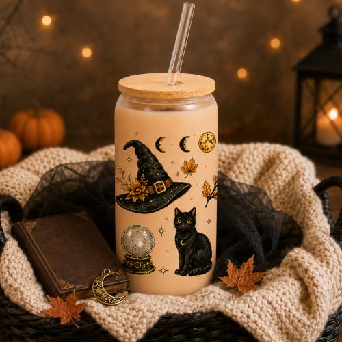 Halloween Glass Cup with Lid & Straw - 16oz Witch Design, Gift Set