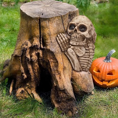 Aged Halloween Skull Solar Light Outdoor 9'' Spooky Skeleton Garden Decor - Ghost & Tree Peeker