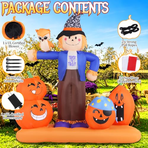 Giant Halloween Inflatable Scarecrow with Pumpkins and Owl - Outdoor Yard Decor