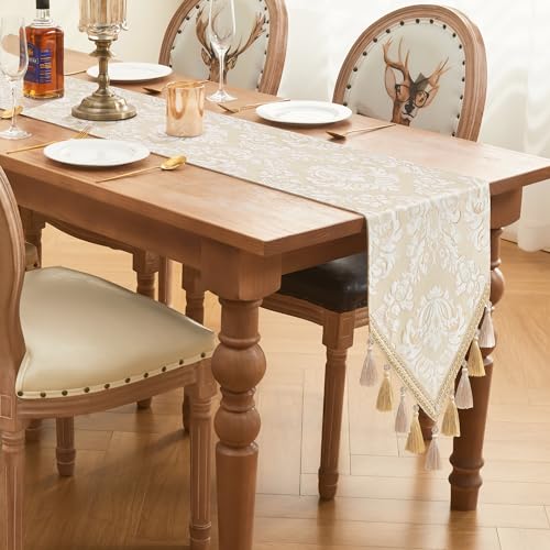 Jacquard Table Runner 108 Inch Long Beige and White Elegant Home Decor - Variation of THIS listing