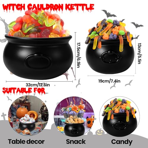Large Size Halloween Cauldron Set - 12.6 & 7.4 Inch Black Plastic Witch Cauldrons with Handles
