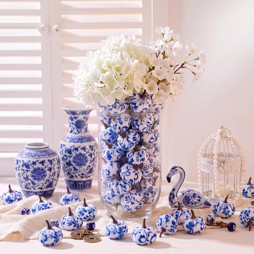 Blue and White Chinoiserie Mini Velvet Pumpkins - Fall Decor Set of 60 with Variation
