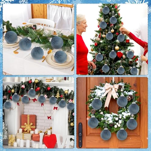12PCS Velvet Christmas Ornaments Set - Gray Blue Flocked Plastic Holiday Balls