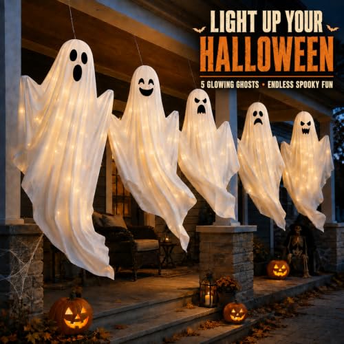 Halloween LED Hanging Ghost Decorations with Timer - Outdoor 27.5 Inch Set of 5
