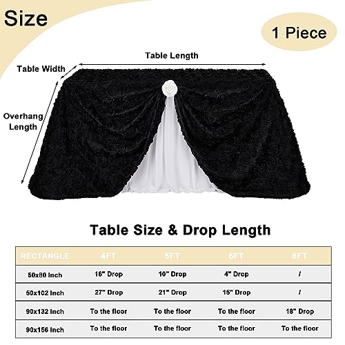 Black 3D Floral Rosette Satin Tablecloth 50x102 Inches for Halloween