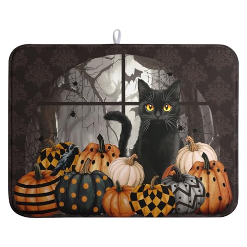 Halloween Black Cat Dish Drying Mat - Fall Pumpkin Kitchen Absorbent Microfiber 18x24