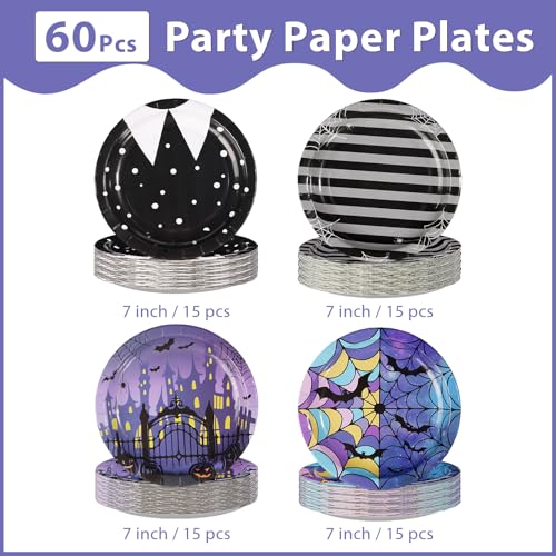 Heavy Duty Gothic Halloween Paper Plates 7 Inch - 60 Pack, Spooky Designs