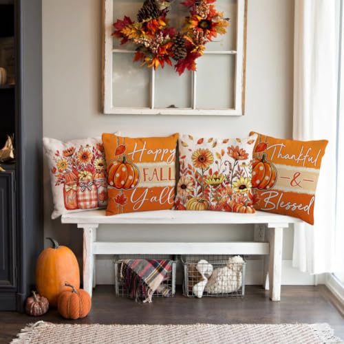 Outdoor Waterproof Pillow Covers Set of 4 20x20 Inches Fall Decor Orange