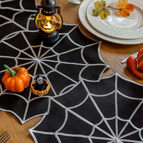 Halloween Embroidered Spider Web Table Runner 14 x 59 Inch - Gothic Fall Decor