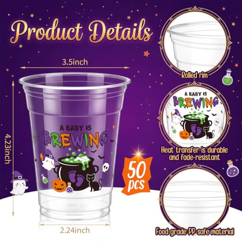 Halloween Baby Shower Cups - 50 Clear 12oz Plastic Cups with Spooky Cauldron & Ghost Design, Brewing Variation