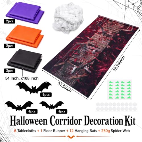 Halloween Corridor Decor Set with Runner, Webs, Bats & Tablecloths - Variation of Halloween
