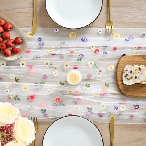 Embroidery Daisy Gauze Table Runner 28 x 120 Inch - 6 Pack Ivory