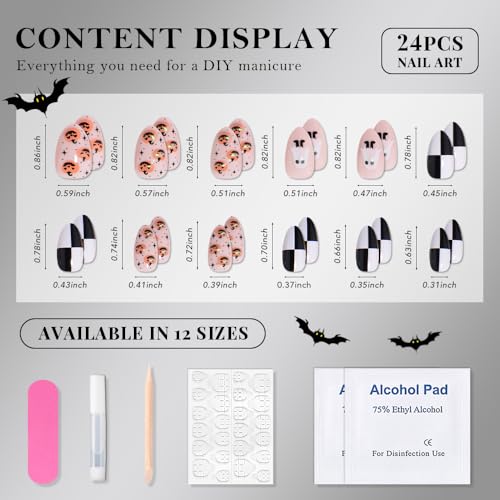 Halloween Short Almond Press On Nails with 3D Ghost & Pumpkin Design - 24Pcs, Reusable Kit