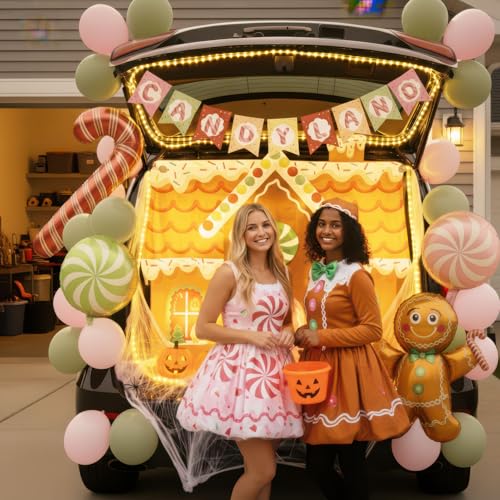Candy Trunk or Treat Car SUV Decorations Set with String Lights & Banner - Pink & Green
