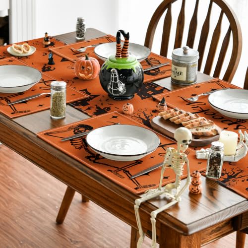 Orange Skeleton Halloween Placemats Set of 4 - 12 x 18 Inch Rectangular Table Decor