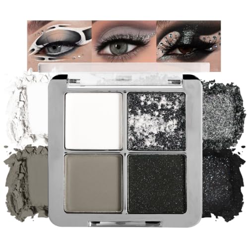 DE'LANCI Black Gray Smokey Eyeshadow Palette - 4 Colors, Matte & Glitter Finishes, Vegan & Waterproof