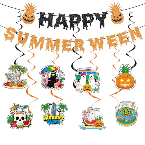 Summer Ween Party Decorations - 10PCS Glitter Banners & Hanging Swirls, Halloween in Hawaii Theme