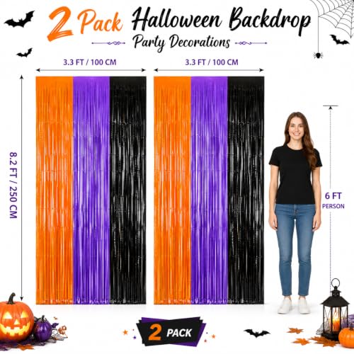Halloween Decorations Tinsel Backdrop Set - Orange Purple Black, 2 Pack