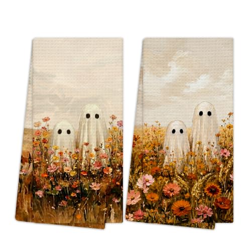 Ghost10 Halloween Ghost Floral Kitchen Towels Set of 2 - Rustic Autumn Dishcloths