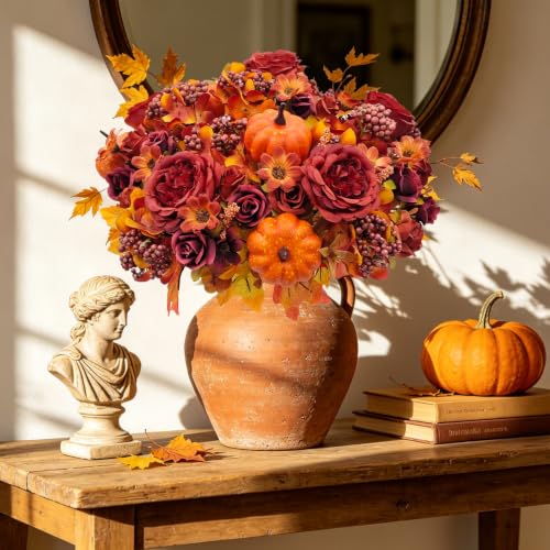 Fall Artificial Flower Bouquet with Pumpkin Accents - Red, 3 Bundles Autumn Decor