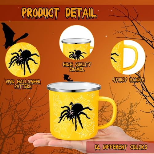Halloween Coffee Mugs Set - 12 oz Enamel Drinkware with Cute Spooky Designs - 12 Pack