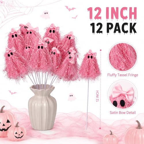 Pink Halloween Ghost Stem Picks - 12 Inch Glitter Ghost Decorations - Set of 12