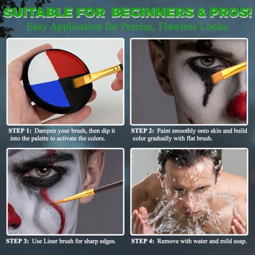 Classic Clown Makeup Kit - 4 Water-Based Face Paint Colors & Green Hair Wax - Includes Brushes