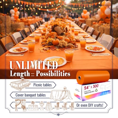 Orange Disposable Plastic Table Cover Roll - 54 Inch x 3600 Inch Waterproof Party Tablecloth with Cutter