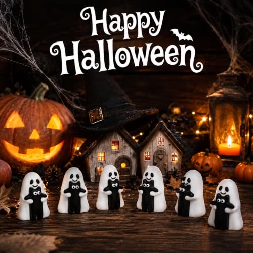 Halloween Ghost Cat Figurines Set - 50 Cute Black Ghost Decorations Variation of Ghost Black Cat