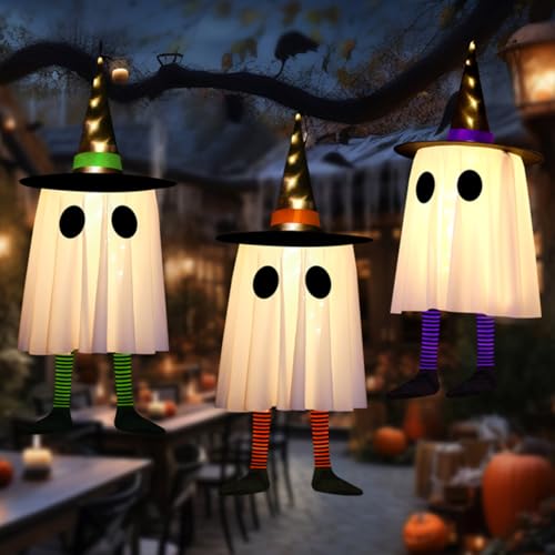 Halloween Ghost Decorations Lights Set of 3 Hanging Witch Hat Light Decor - Variation: Ghosts