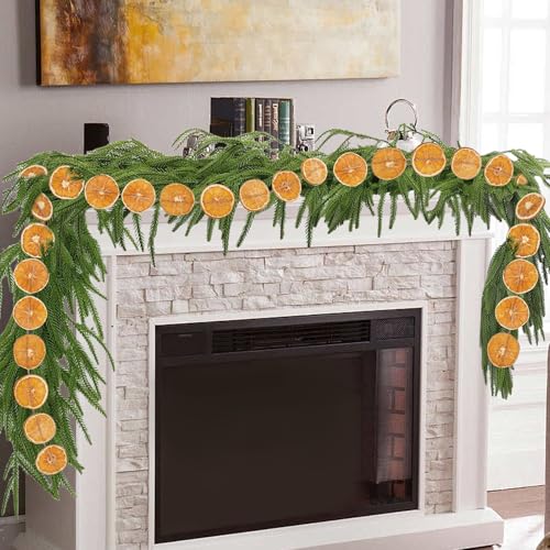 9 Ft Artificial Norfolk Pine Garland with Orange Slices Christmas Decor for Indoor & Outdoor Holiday Festivities