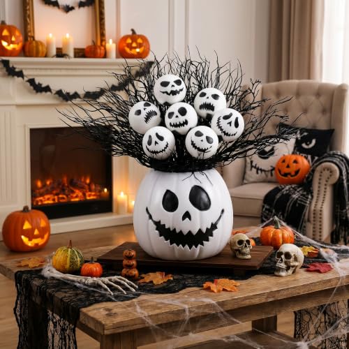 Halloween Resin Pumpkin Vase with Ghost Skull Face & Spooky Balls - Scary Face Variation
