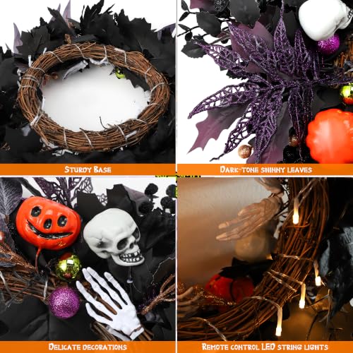 Halloween Wreath with Lights - Gothic Pumpkin Door Decor, 24 Inch
