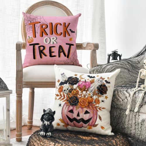 Halloween Throw Pillow Covers 18x18 Inch Set of 4 Ghost Pumpkin Bat Decor