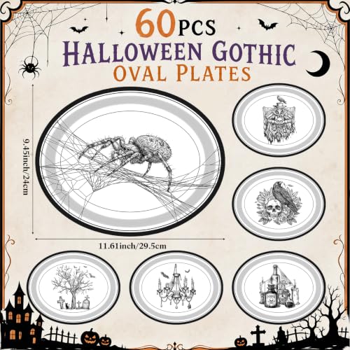 Halloween Gothic Paper Plates - 60 Disposable Oval Tableware with Spooky Designs - Variation: Gothic Halloween