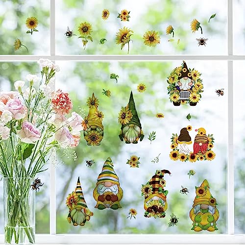 Spring Theme Window Decals - Sunflower & Gnome Stickers for Glass Walls - 8 Sheets, Reusable, Waterproof
