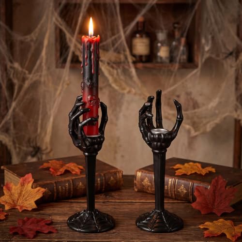 Halloween Skull Taper Candle Holders - Skeleton Hands, Black, 2 Pack