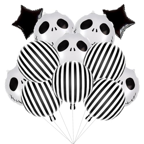 Halloween Skeleton & Black & White Striped Foil Balloons Set - 12 pcs Party Decor