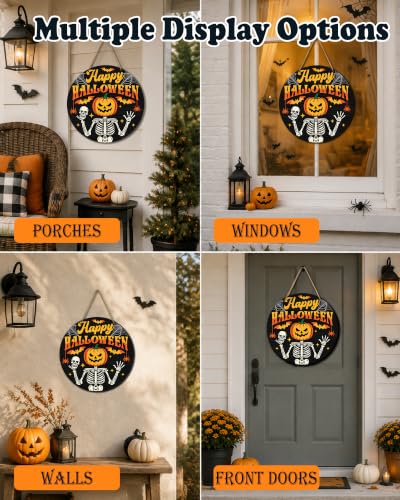 Halloween Wooden Door Sign - Skeleton Pumpkin Spooky Holiday Decor 12x12 Inches