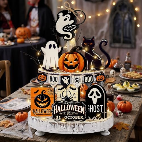 Halloween Tiered Tray Decorations Set - 17 Pc Self-Standing Wooden Signs & Light String