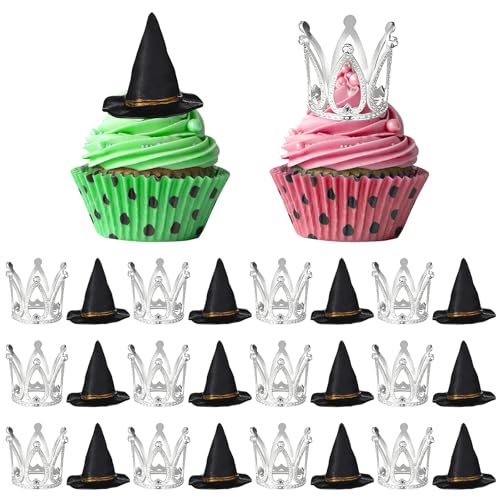 24 Pcs Witch Hat & Silver Crown Cake Toppers for Halloween & Princess Parties